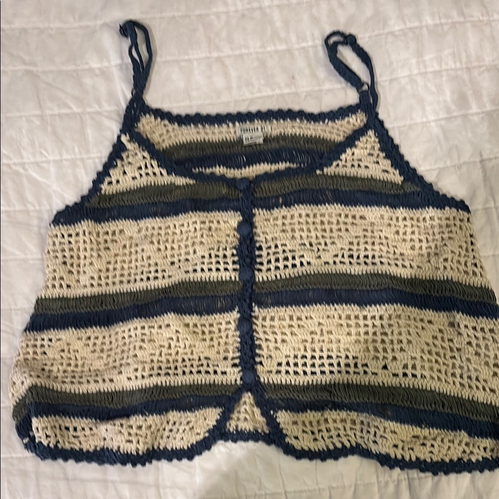Forever 21 Blue and Cream Crochet Top
